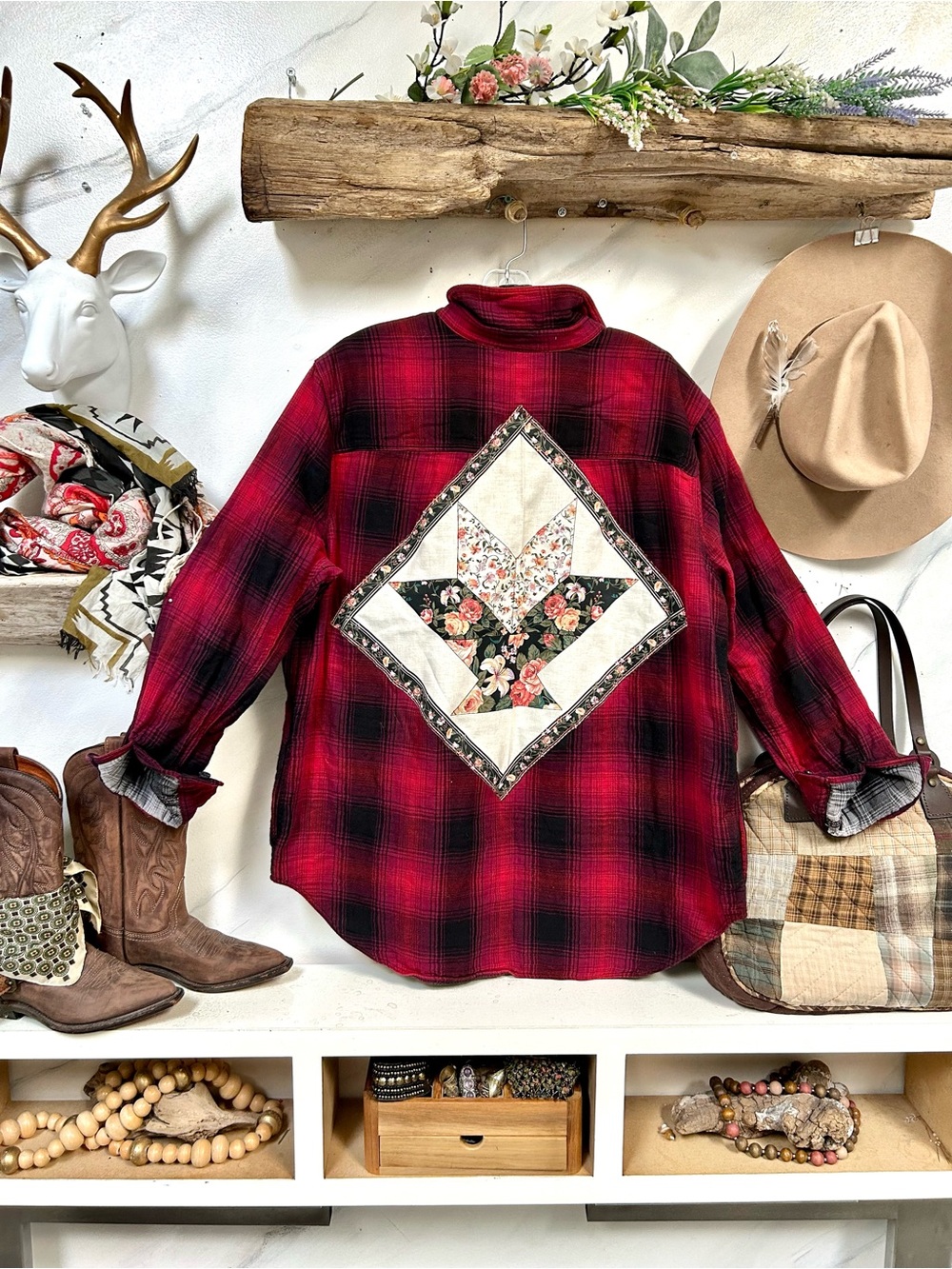 Upcycled Red Plaid Patchwork Flannel Shirt boho Shacket w cottagecore cabin vibe